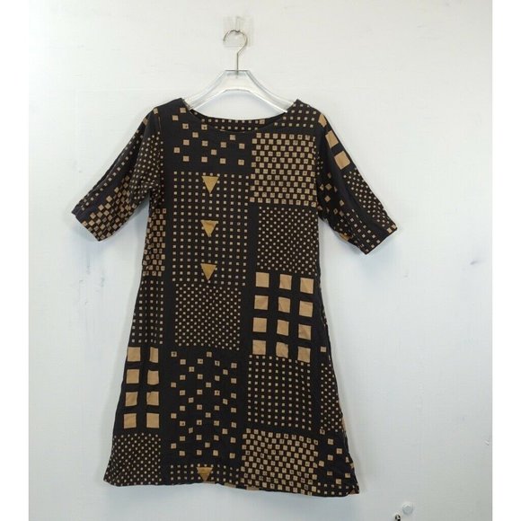 UTSA Dress Cotton Brown Beige Shift Mini MEDIUM Short‎ Sleeve Geometric Boho - Picture 1 of 10